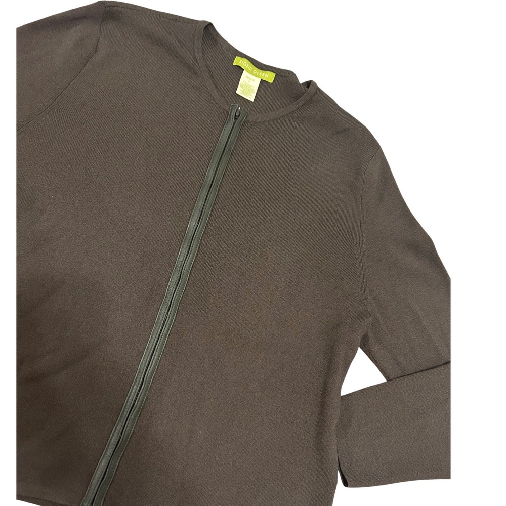 Sigred‎ Olsen Olive Army Green zip cardigan leather trim minimalist capsule P L